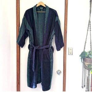 Vintage Neil Martin green blue thick terry cloth robe pockets spa bath 80s 90s